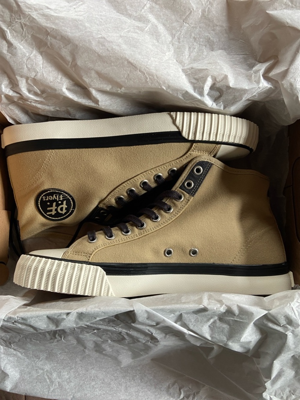 🏷️ P.F. Flyers Men's Tan Canvas High-Top Sneakers with Black Trim BNIB